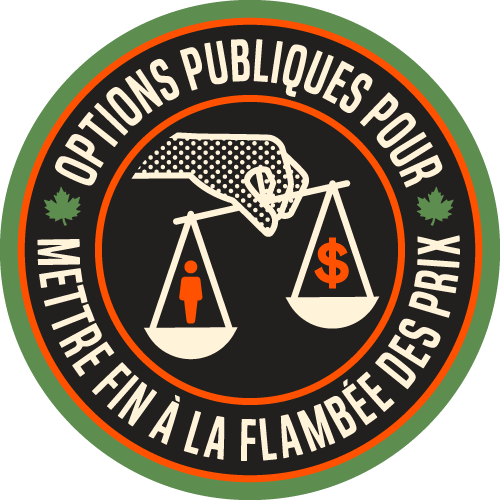 Badge de campagne circulaire indiquant « Options publiques pour mettre fin à la flambée des prix » avec une balance montrant une personne qui l'emporte sur un signe de dollar
